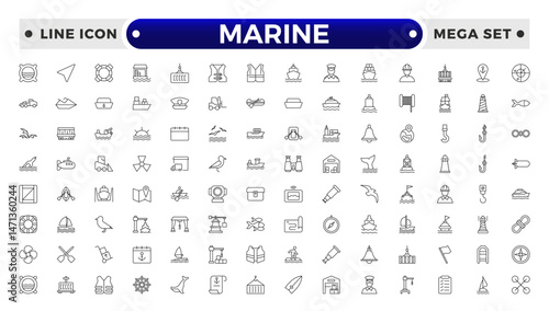 Marine outline icon set .line icons related to marine, port, ship, boat, harbor, crane, pier, wharf, logistic, captain, shipyard.