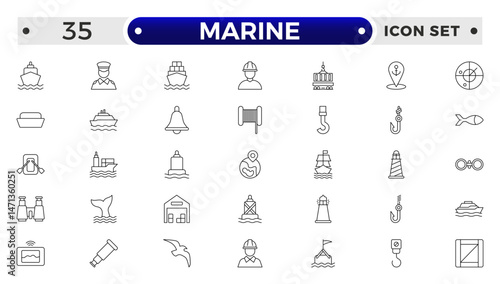 Marine outline icon set .line icons related to marine, port, ship, boat, harbor, crane, pier, wharf, logistic, captain, shipyard.