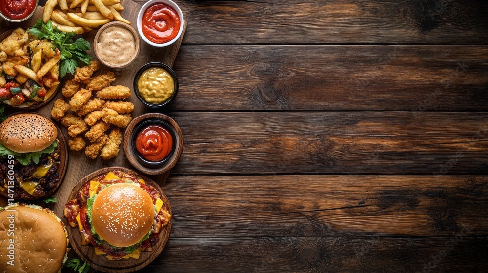 Various fast food dishes arranged on a wooden surface. Various fast food dishes arranged on a wooden surface.