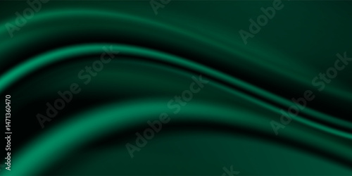 Green drapery silk fabric luxury background. Wavy abstract satin cloth vector texture pattern.