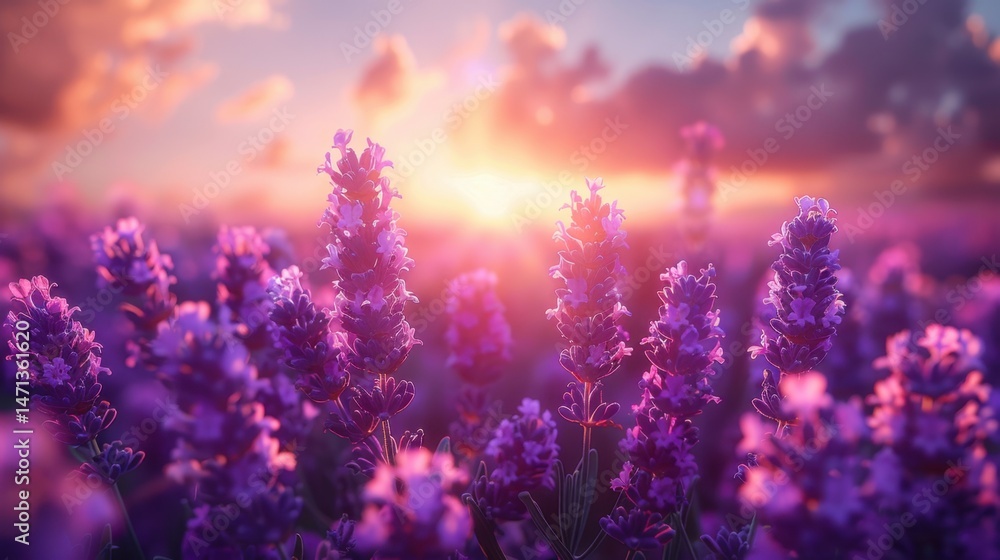 Nature and Plants Realistic lavender field at golden hour Nature and Plants Realistic lavender field at golden hour