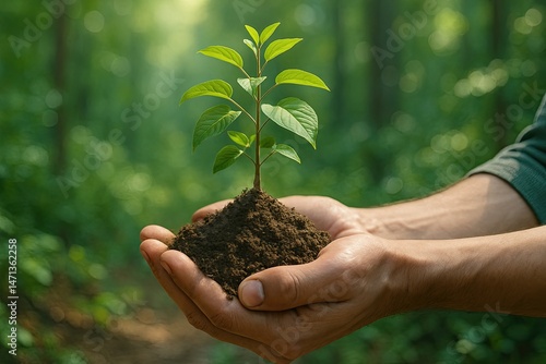 Hands holding young tree seedling in forest