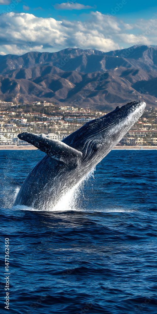 Fototapeta premium Majestic Gray Whale Breaching in Tranquil Ocean at Sunset