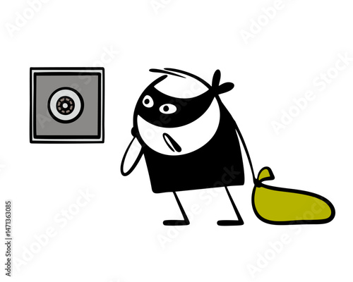 Cartoon thief in a black mask and with an empty bag is robbing an apartment, looking at a closed safe. Vector illustration of a robber remembering an electronic lock code.
