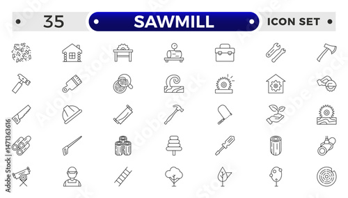 Sawmill outline icon set. Logging, sawmill, icon set. Lumber, lumberjack, linear icons. Wood production.