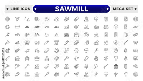 Sawmill outline icon set. Logging, sawmill, icon set. Lumber, lumberjack, linear icons. Wood production.