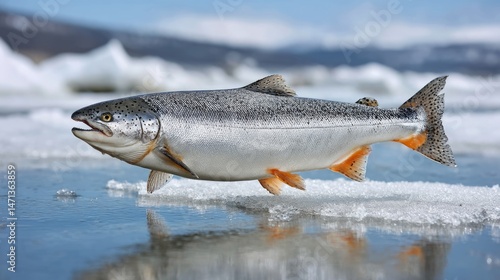 Shimmering Silver Salmon with Scales on Icy Surface in Nature