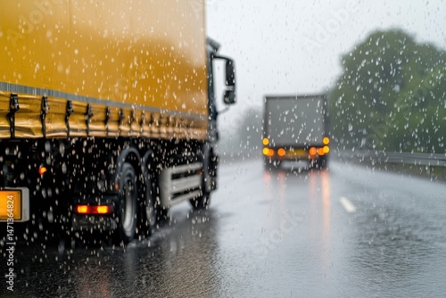 Heavy rain affects truck transport on a highway during a gloomy afternoon with limited visibility