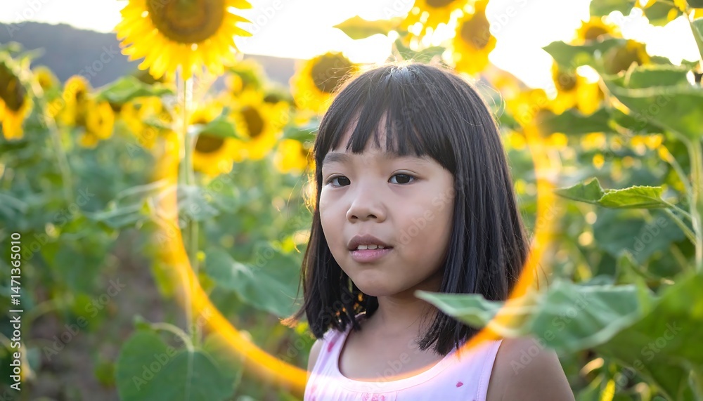 Fototapeta premium Girl in Sunflower Field at Sunset