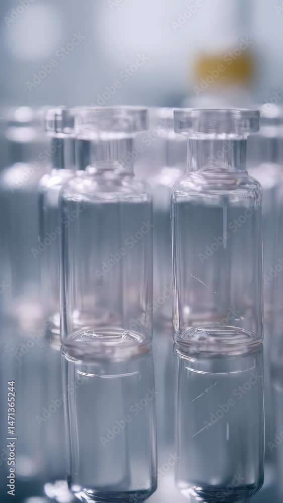 Multiple clear glass vials arranged closely together with light reflections on a smooth surface. Multiple clear glass vials arranged closely together with light reflections on a smooth surface.