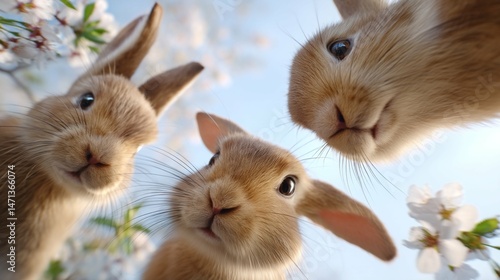 Cute rabbits gather under blooming cherry blossoms in a sunny park during springtime, enjoying the beautiful day together