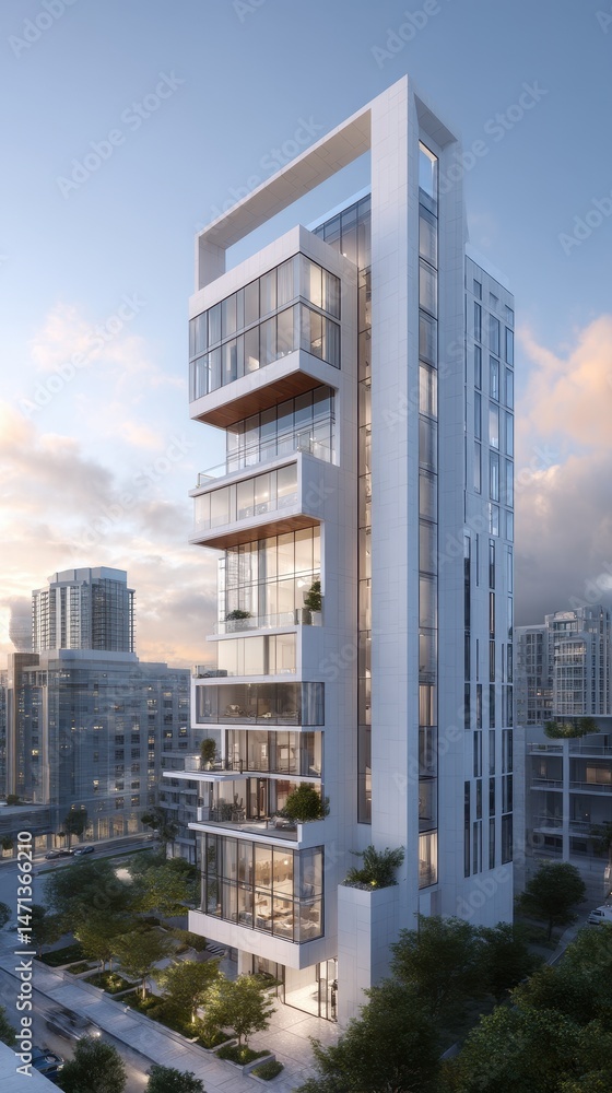 Fototapeta premium Modern luxury condo building at dusk wide angle shot in urban setting with city skyline and trees