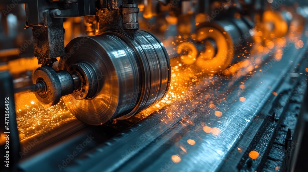 Fototapeta premium Industrial machinery producing sparks in factory environment