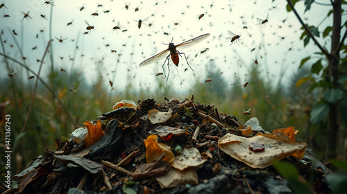 A swarm of midges and mosquitoes hover above a putrid garbage heap , buzzing, putrid