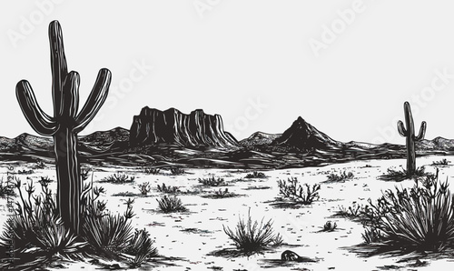 Black and white desert landscape with large saguaro cactus, arid plants, rocky mountain range, and barren ground in western wilderness scene vector sketch drawing