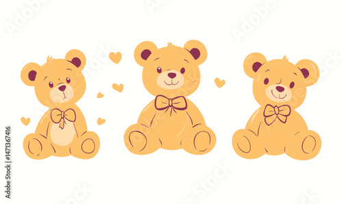 Set of three cute soft plush teddy bears with bows sitting facing forward surrounded by small heart shapes in flat minimalist vector style illustration