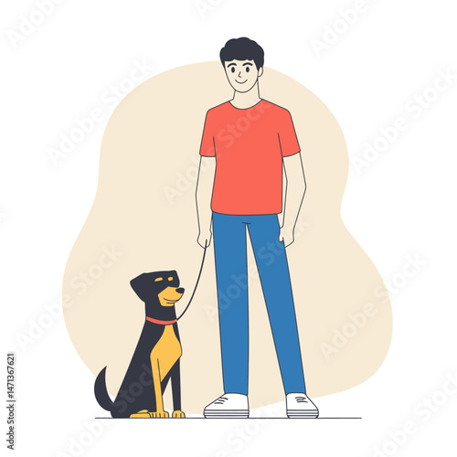 Young man walking happy dog on leash casual clothing urban cityscape outdoor lifestyle pet ownership companionship friendly scene flat vector illustration