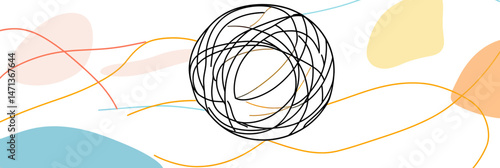 Abstract ball of yarn continuous one line art drawing with flowing thread strands and colorful organic shapes minimalist vector design for creative projects and illustrations