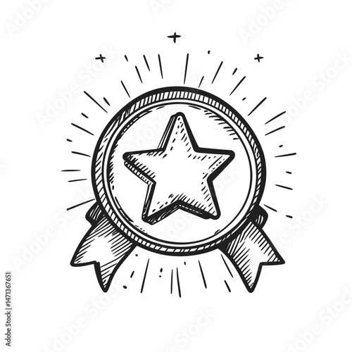 Hand drawn star medal award badge with ribbon in sketch style surrounded by celebratory lines and sparkles for recognition and achievement design