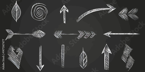 Hand drawn white chalk arrow set with various directions and styles including straight, curved, spiral, and feathered tips on black background vector illustration