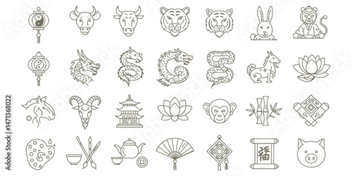 Chinese Zodiac Animals and Cultural Icons Line Art Collection	