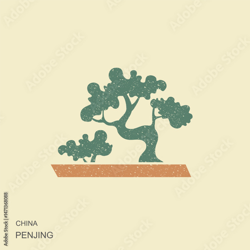 Original traditional Chinese art penjing or penzai. Bonsai tree. Bonsai in pot. Japanese plant art flat icon. Vector Illustration