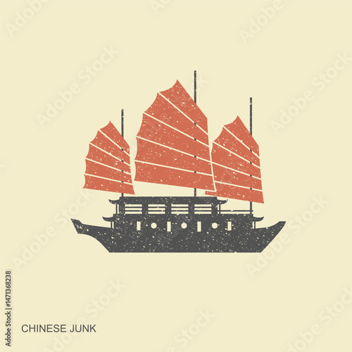 Stylized Chinese junk ship sailing. Flat retro icon. Vector Illustration