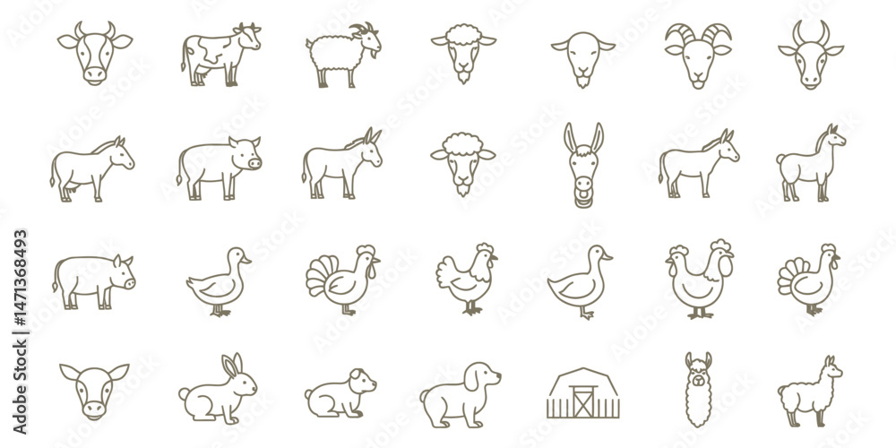 Livestock Animals Thin Line Vector Icons Set Collection	