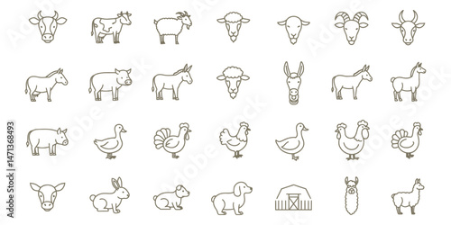 Livestock Animals Thin Line Vector Icons Set Collection	