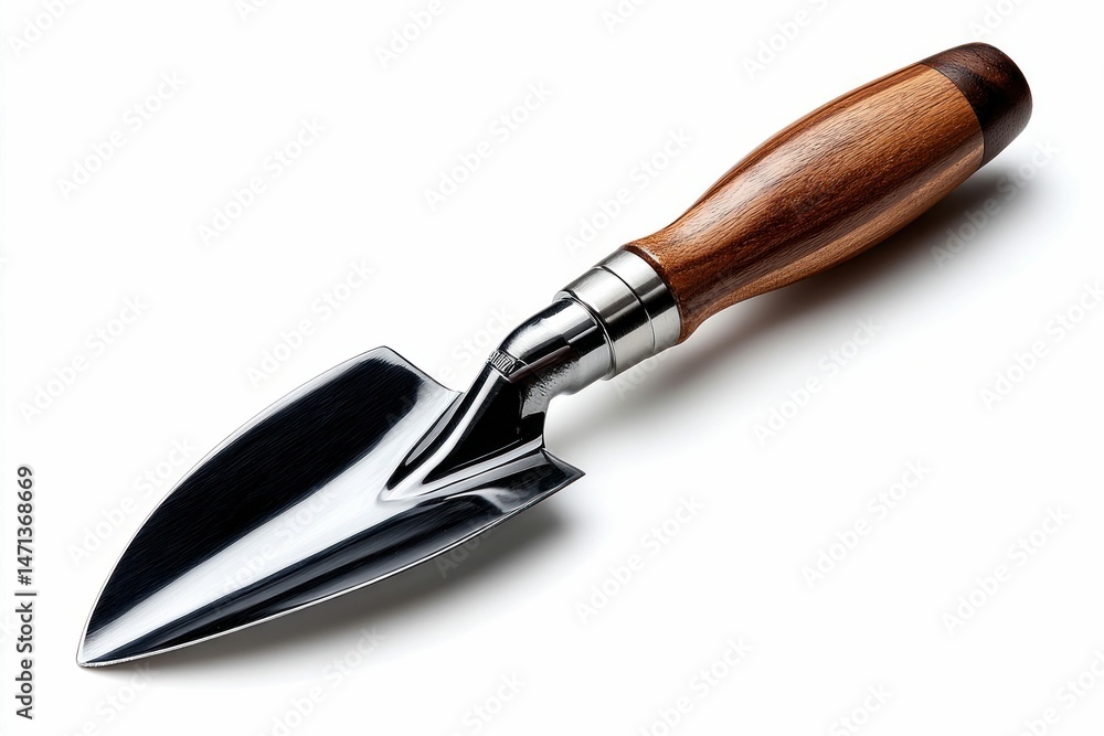 A shiny, new trowel with a polished metal head and a wooden handle on a white background. A shiny, new trowel with a polished metal head and a wooden handle on a white background.