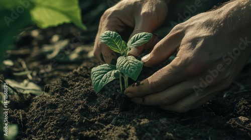 Farmer’s hands placing mulch around a young plant to retain moisture and block sunlight.