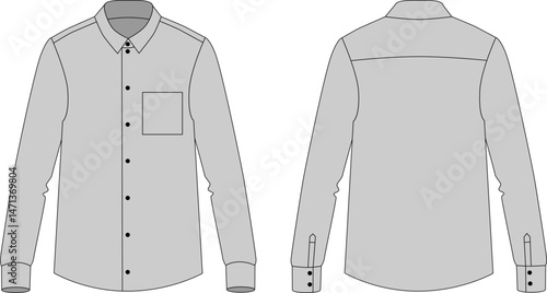 Detailed technical drawing of men's shirt with a pointed collar, long sleeves, front fastening and two chest pockets. Front and back view. Vector technical drawing.