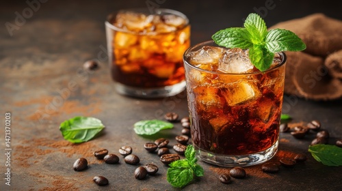 Two refreshing iced coffee cocktails with coffee beans and mint sprigs sit on a rustic brown surface providing a visually appealing and tempting beverage option.