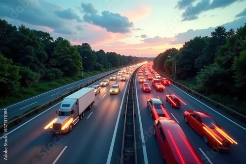 Busy highway with fast-moving vehicles at rush hour , transportation system, automobile, blur effect