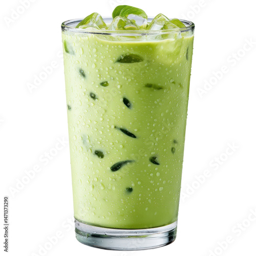isolated transparent Background. Iced matcha latte in clear glass with condensation and ice cubes, refreshing cold drink