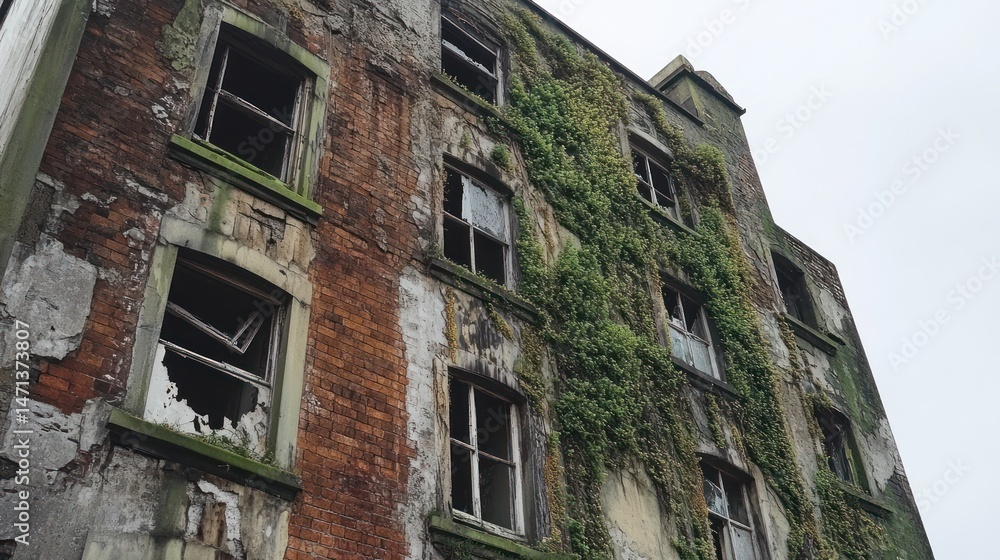 Fototapeta premium Overgrown Ruin: A Derelict Building's Silent Story
