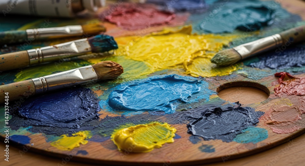 Obraz premium Artist's palette with vibrant colors and paintbrushes