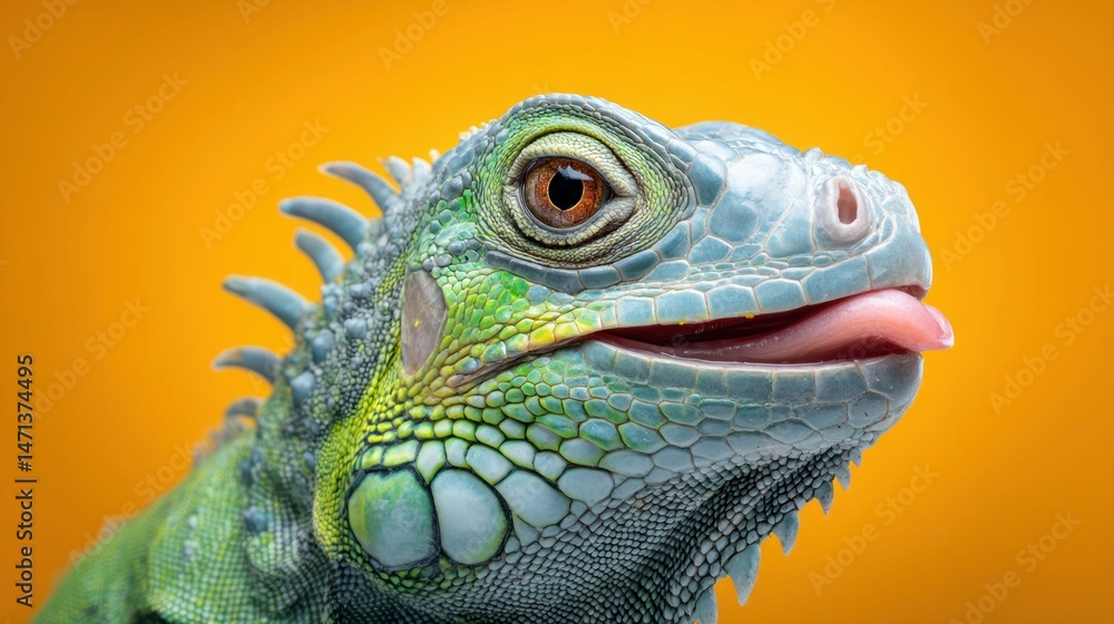 Fototapeta premium A striking portrait captures the intricate details of a green iguana with an open mouth and tongue.