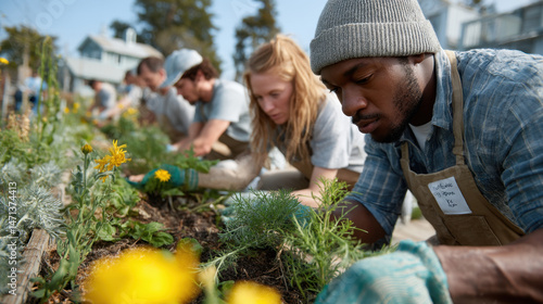 Wallpaper Mural Diverse Group of Volunteers Planting Flowers in a Community Garden on a Sunny Day Torontodigital.ca