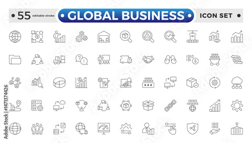 Global Business outline Icon Collection Glyph Color Style. marketing, economy, transaction, business service, leadership, and commission agent. Editable stroke outline icon.
