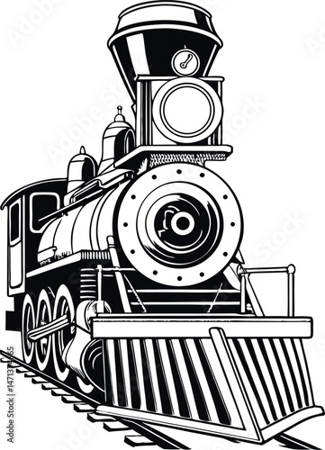 Black and White Steam Locomotive Vintage Illustration | Retro Train Front View Art