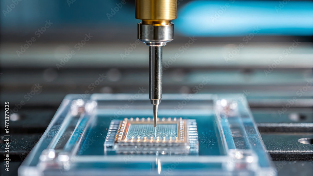 Biolabs Concept ,Microchip implanting into cell sample with precision technology, showcasing advanced scientific methods Biolabs Concept ,Microchip implanting into cell sample with precision technology, showcasing advanced scientific methods