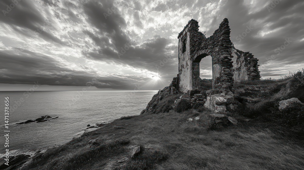Obraz premium Coastal Ruin at Sunset: A Black and White Seascape