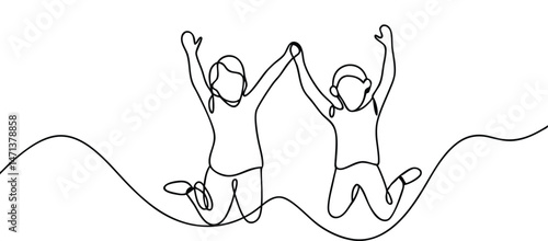 Continuous one line drawing of happy children jumping and holding hands, minimalist sketch in black on white background

