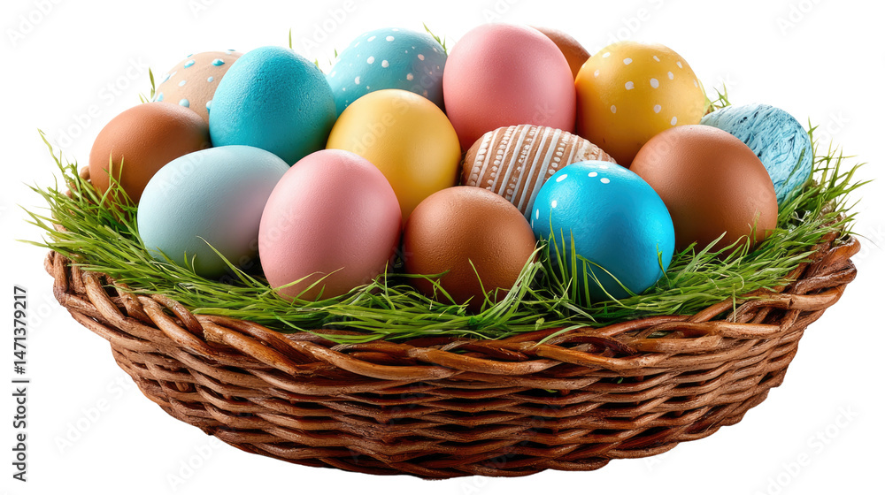 Easter Eggs Basket: A vibrant basket overflowing with a colorful array of pastel-colored Easter eggs, nestled in a bed of fresh green grass, ready for the joyous occasion. Easter Eggs Basket: A vibrant basket overflowing with a colorful array of pastel-colored Easter eggs, nestled in a bed of fresh green grass, ready for the joyous occasion.