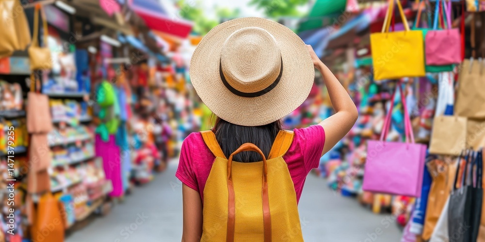 Fototapeta premium A person with a straw hat and backpack explores a vibrant outdoor market filled with colorful bags and various goods.