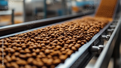 Conveyor belt with brown pet food kibble in manufacturing environment