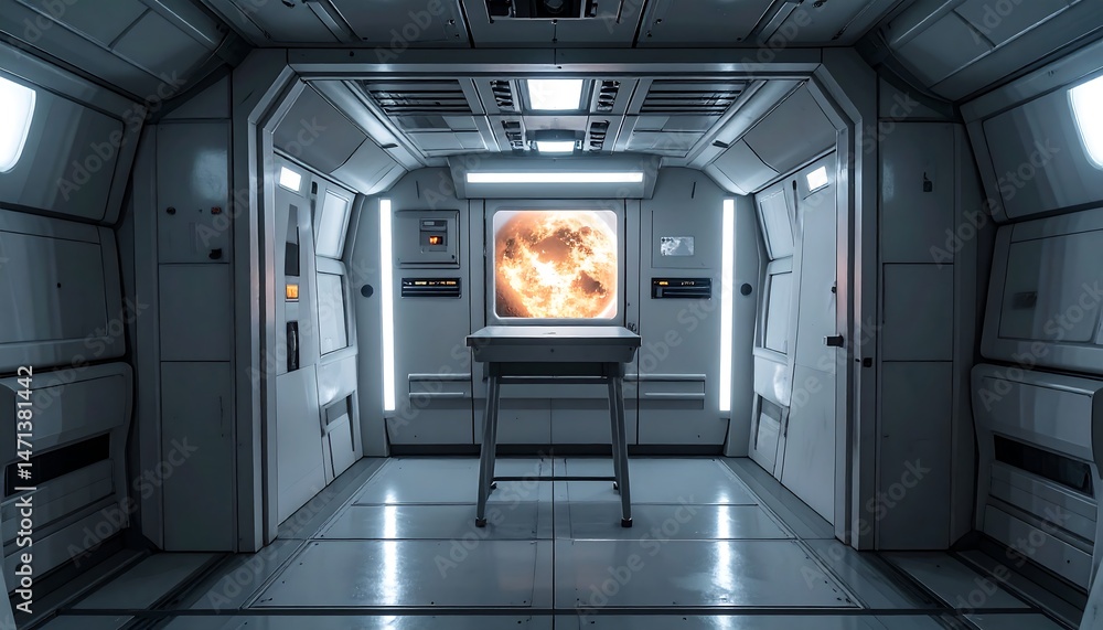 Fototapeta premium Futuristic Spaceship Interior with Orange Nebula Display