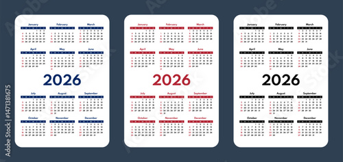 2026 pocket calendar set, simple vertical calendar design template, english language month names, two weekends, monday first
