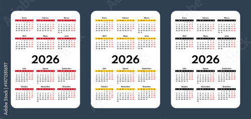 2026 pocket calendar set, simple vertical calendar design template, spanish language month names, two weekends, monday first